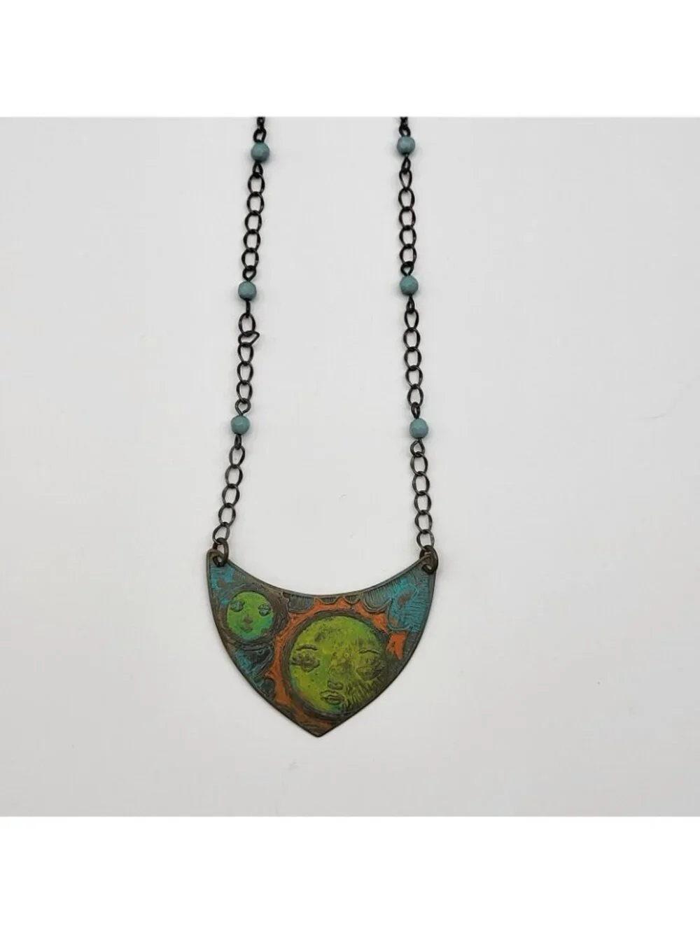 Artisan Necklace Brass Celestial Sun Moon Festival painted whimsical Goddess